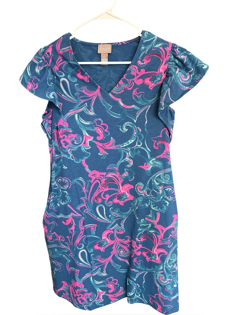 Chico's Teal-Blue Dress with Pink & Aqua Swirl Print